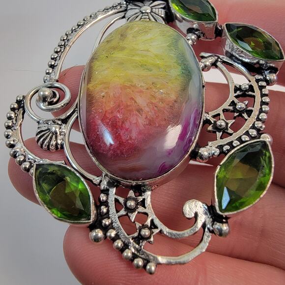 Handmade Rainbow Fluorite Pendant with Peridot in Sterling Silver Floral Setting - Picture 9 of 10